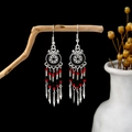 Bohemian silver alloy drop earrings with red and black beaded tassels on dark wood - E5989-3 Red Black Beaded Tassel
