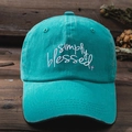 Detail of teal simply blessed embroidery on washed cotton baseball cap with cross symbol - One Size / Lake Blue