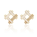 Close-up of geometric 18K gold plated stud earrings with white enamel and clear zircons - Geometric Square White Enamel / White