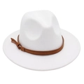Detail of white wool fedora hat featuring a brown suede band and decorative tassel - M (56-58cm) / White (Yellow Rope)