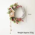 35cm Christmas wreath with white vine base, pine cones and wooden house decoration - Christmas House Style