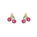 Cute cherry stud earrings with pink fruits and green leaves in golden plating - Lychee