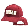 Detail of burgundy corduroy baseball cap showing SQUAD embroidery and metal buckle - SQUAD-Wine Red