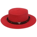 Red flat top straw western sun hat with brown leather band and silver bull head decor - Cow Skull Studded Belt Style (298A)