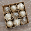 Set de 9 boules de Noël champagne avec flocons et dentelle dans une boîte kraft - Lot de Boules Flocon de Neve Champagne (Lot de 9)