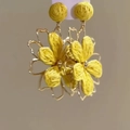 Chic yellow woven flower earrings with golden metal petals for a fresh summer look - 26# Silver Earring Post - Gold - Yellow
