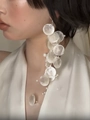 Detail of long tassel earrings featuring translucent shell discs and small white pearls - 18# Ear Clip - White (Translucent Shell Pearl)