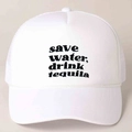 Casquette trucker blanche avec imprimé Save Water Drink Tequila et corde décorative - Blanc