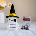 Handmade crochet ghost figure with wizard hat and Halloween emotional support card - Ghost + Hat + Card