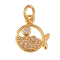 Gold-plated fish charm with clear zircon inlay and hanging ring on white background - Fish / Gold