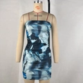 Detail of blue and white marble print fabric with side ruching on a bodycon tube dress - S / Blue