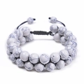 Detail of adjustable double-row white marble stone beaded bracelet with black woven cord - 10MM White Turquoise Bracelet
