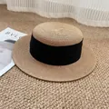 Flat top natural boater hat with wide black pleated ribbon trim for summer style - M / Khaki with Black Ribbon