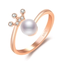 Minimalist S925 rose gold open ring with crown design, pearl, and small diamonds - Pearl Crown / Rose Gold-J371