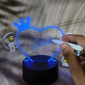 Blue glowing heart-shaped acrylic memo board with crown detail and black round base - White Base Rechargeable 3-Color - Crown Heart