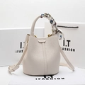 Beige lychee pattern leather bucket bag with colorful silk scarf handle and strap - Milk White