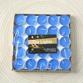 Box of 25 blue tea light candles in metal cups with clear plastic wrap packaging - Blue