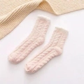 Pink coral fleece mid-calf socks with thick cable knit texture and white fuzzy trim - Pink