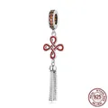 Chinese knot charm in 925 sterling silver with red enamel and dangling metal tassels - Chinese Knot