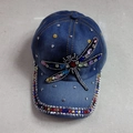 Blue denim baseball cap featuring colorful rhinestone dragonfly and studded brim design - Adult, Adjustable / Denim Blue Colorful Rhinestone Dragonfly