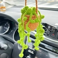 Handmade crochet hanging plant for car rearview mirror, green succulent knit decor - Khaki + Neon Green Hanging Basket