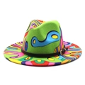 Psychedelic pop art fedora hat in vibrant green wool with abstract colorful graffiti patterns - M (56-58cm) / Bright Green Psychedelic Print (01)