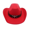 Red western cowboy hat with a metal bull head ornament and golden rivets on black band - One Size (57cm) / Red