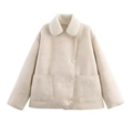 Women's faux shearling jacket in beige with warm lamb wool collar and large pockets - XS / Off White