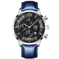 Men's quartz watch with blue leather strap, silver steel case, and black dial display - Blue Strap Black Dial [Leather Band + Calendar/Luminous]