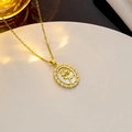 Elegant gold rose coin pendant necklace with shell inlay and pearls on a dainty chain - Gold Rose Style