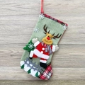 Mini green linen Christmas stocking with reindeer and red-black plaid cuff hanging decor - Burlap Fence Large Stocking (Reindeer)