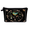 Detailed view of black fabric cosmetic bag featuring lunar phase and moth patterns - Celestial Moth