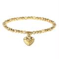 Macro detail of 18K gold beaded elastic bracelet with heart charm and textured sand beads - 18K Gold Plated / Gold