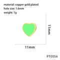 Detail view of 11mm green heart enamel bead in gold plated copper with size specifications - Green (PT0056)