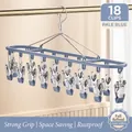 Blue 18-clip stainless steel drying rack for socks and underwear with windproof hook - 18 Clips / Elegant Blue