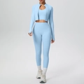 Set yoga 3 pezzi celeste con giacca a zip, reggiseno sportivo e leggings a vita alta - Celeste