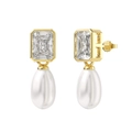 S925 sterling silver gold-plated pearl drop earrings with rectangular clear zircons - GPE64-14K Rectangular Gemstone Pearl Drop / Gold