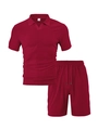 Detail of burgundy towel jacquard knit fabric showing vertical stripes on a men's polo set - Burgundy