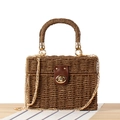 Brown woven box bag with top handle and golden chain strap for summer vacation - Dark Brown