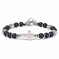 Minimalist black matte beaded bracelet featuring a polished silver cross and lobster clasp - Matte Stone-B