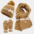 Detailed view of ginger and white striped knit hat, scarf and touchscreen gloves set - Earthy Yellow
