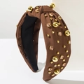 Detail of dark brown knotted headband with gold metal beads and pink rhinestones - Dark Coffee