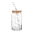 Glass can cup with bamboo lid, glass straw, and white frosted heart patterns - Heart