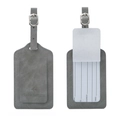 Gray textured PU leather luggage tag with silver buckle and transparent ID window - Gray