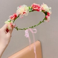Pink and white silk flower headband for girls with green leaves and ribbon detail - Flower Garland / Champagne