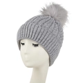 Grey cable knit winter beanie for women featuring a large fluffy faux fur pom-pom - L (58-60cm) / Gray