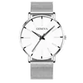 Minimalist silver men's quartz watch with a white dial and mesh strap by Geneva - Mesh Band Silver Case White Dial