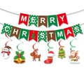 Merry Christmas banner set with hanging swirls featuring snowman and reindeer decor - Christmas Banner And Spiral Decorations Set