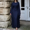 Elegant navy blue long sleeve evening gown featuring a pleated textured fabric and loose fit - S / Navy Blue