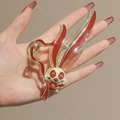 Exquisite rabbit hair claw clip with traditional red fan and floral tassel detail - Red Gold Enamel Rabbit Claw